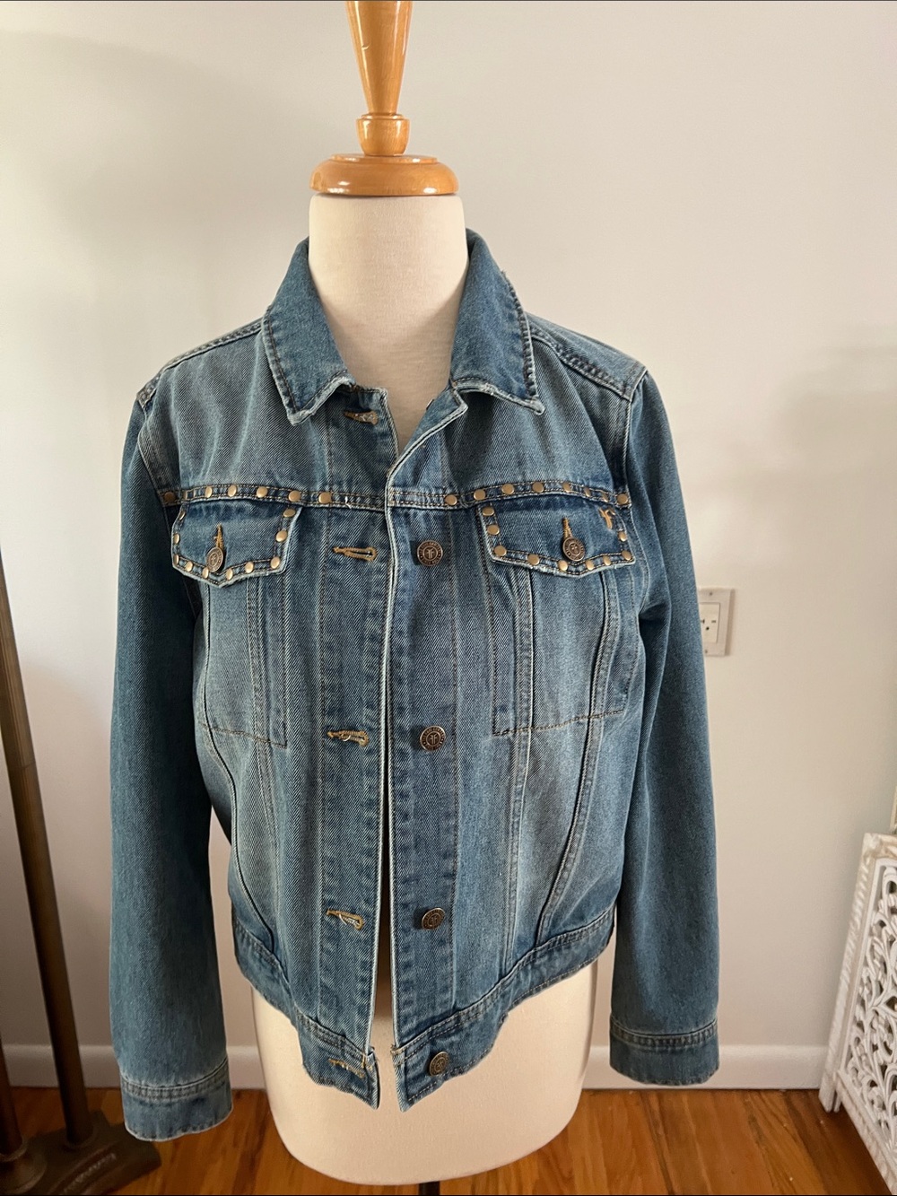 Frye Blue Denim Jacket with Stud Trim